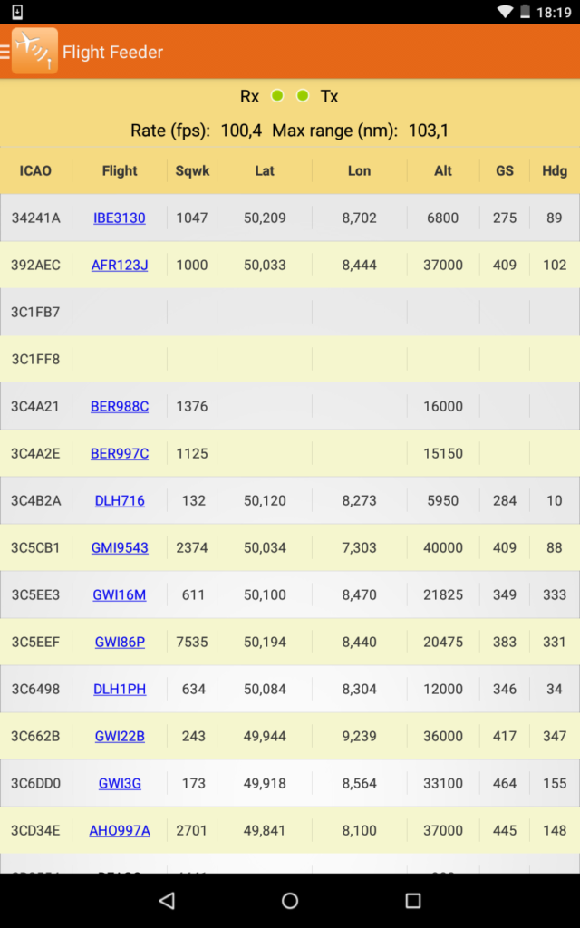 Anzeige der empfangenen Flugzeuge in FlightFeeder