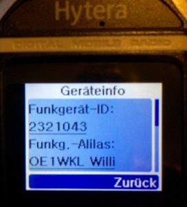 Über die Geräte-Info sieht man die programmierte DMR-ID und den dazugehörigen Aliaseintrag.